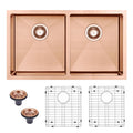 Copper double basin undermount sink with two strainers and two sink grids on a white background.