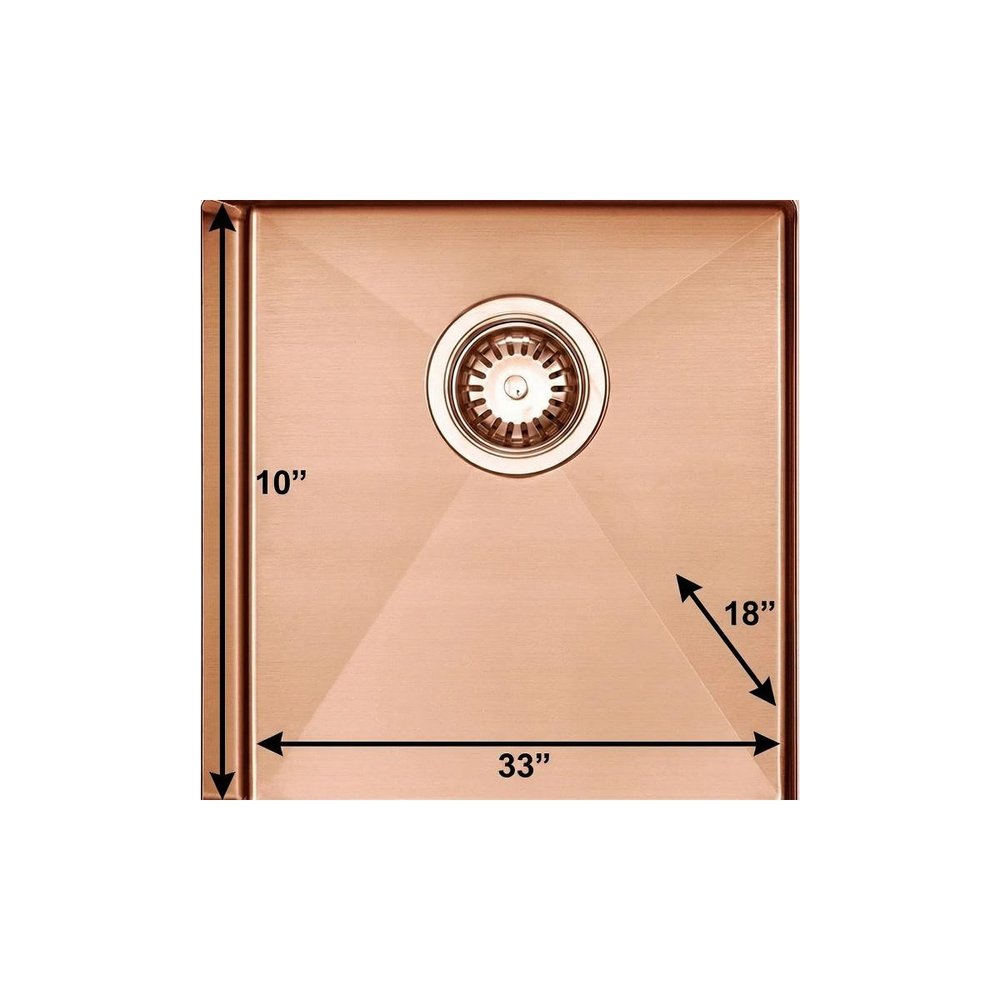 10" X 33" Gold Stainless Steel Undermount With Sink. Kitchen & utility sink isolated on a plain white background, finished in gold metal.