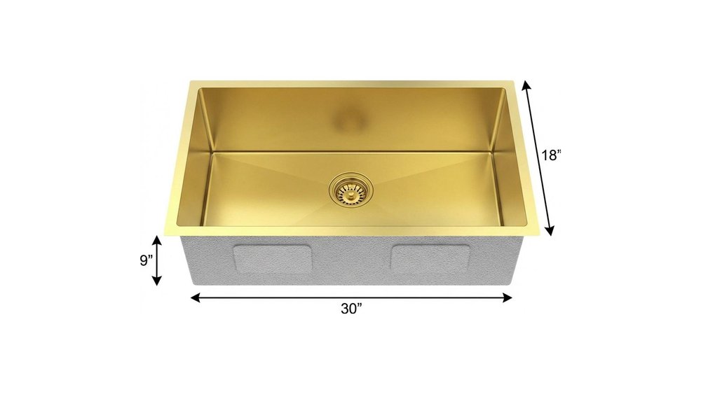 9" X 30" Gold Stainless Steel Undermount Kitchen Sink - SKU 719944 on a white background