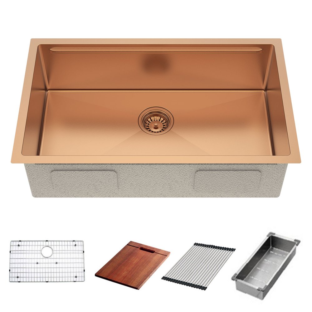 9" X 30" Gold Stainless Steel Undermount Kitchen Sink - SKU 719945 on a white background