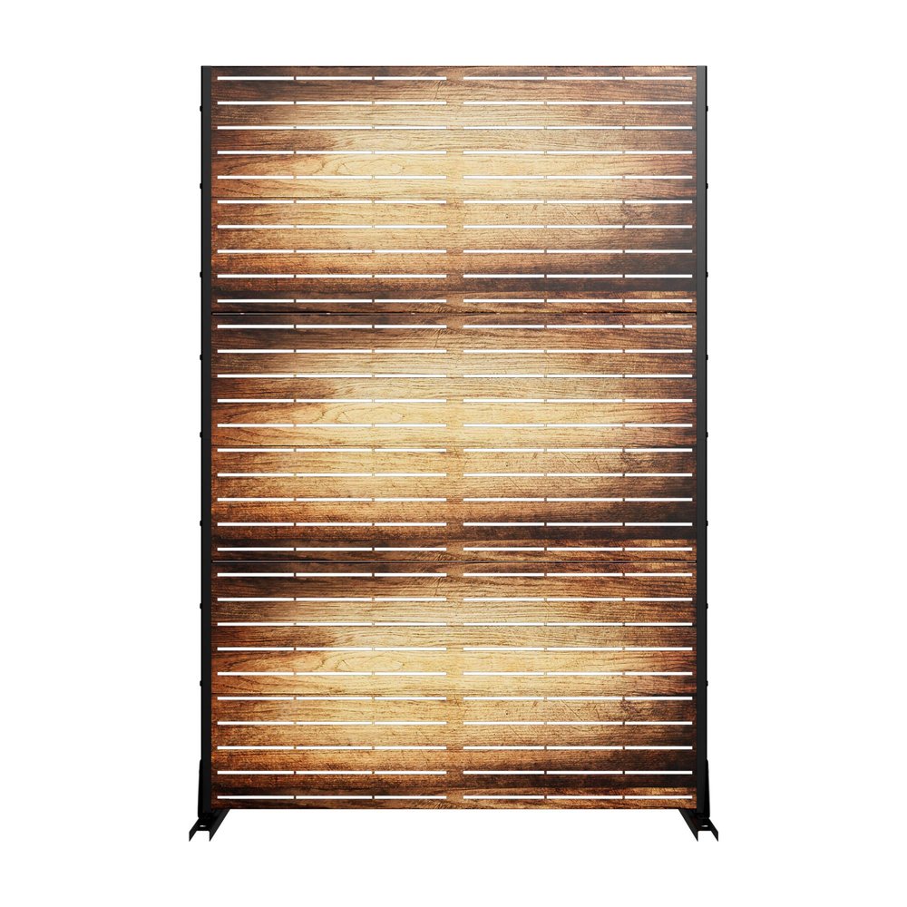 Brown steel three-panel outdoor privacy screen with a wood-grain finish on a white background.