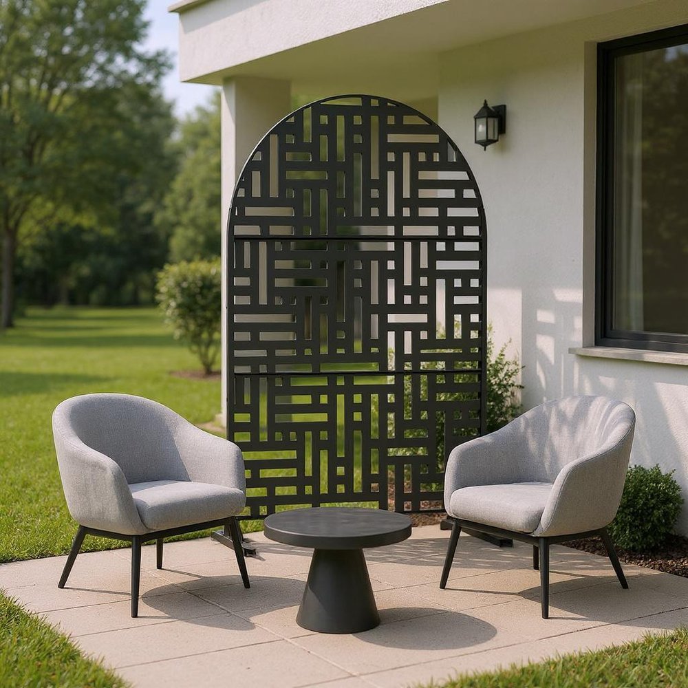 72" Black Steel Three Panel Outdoor Privacy Screen in a home interior