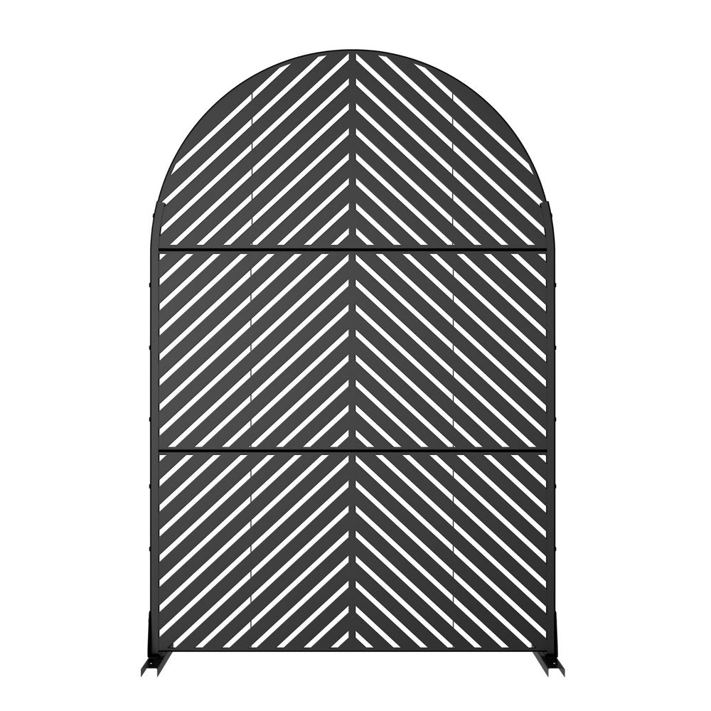 Black steel three-panel outdoor privacy screen with arched top and chevron pattern on white background.