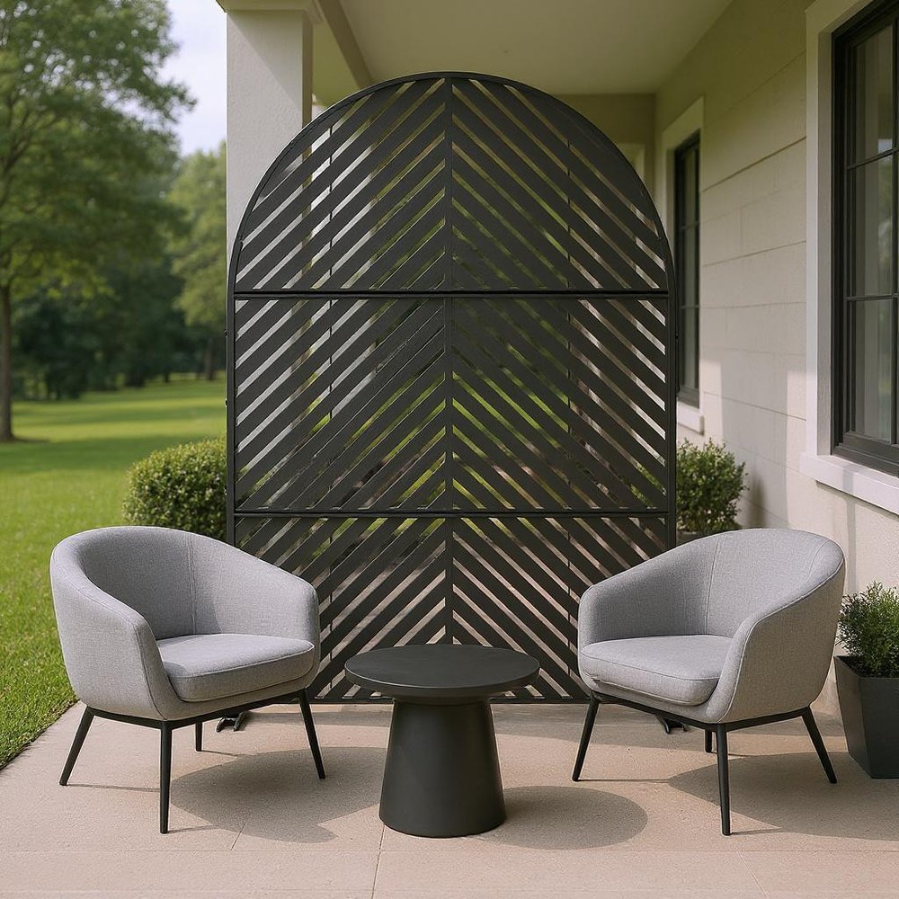 72" Black Steel Three Panel Outdoor Privacy Screen in a home interior
