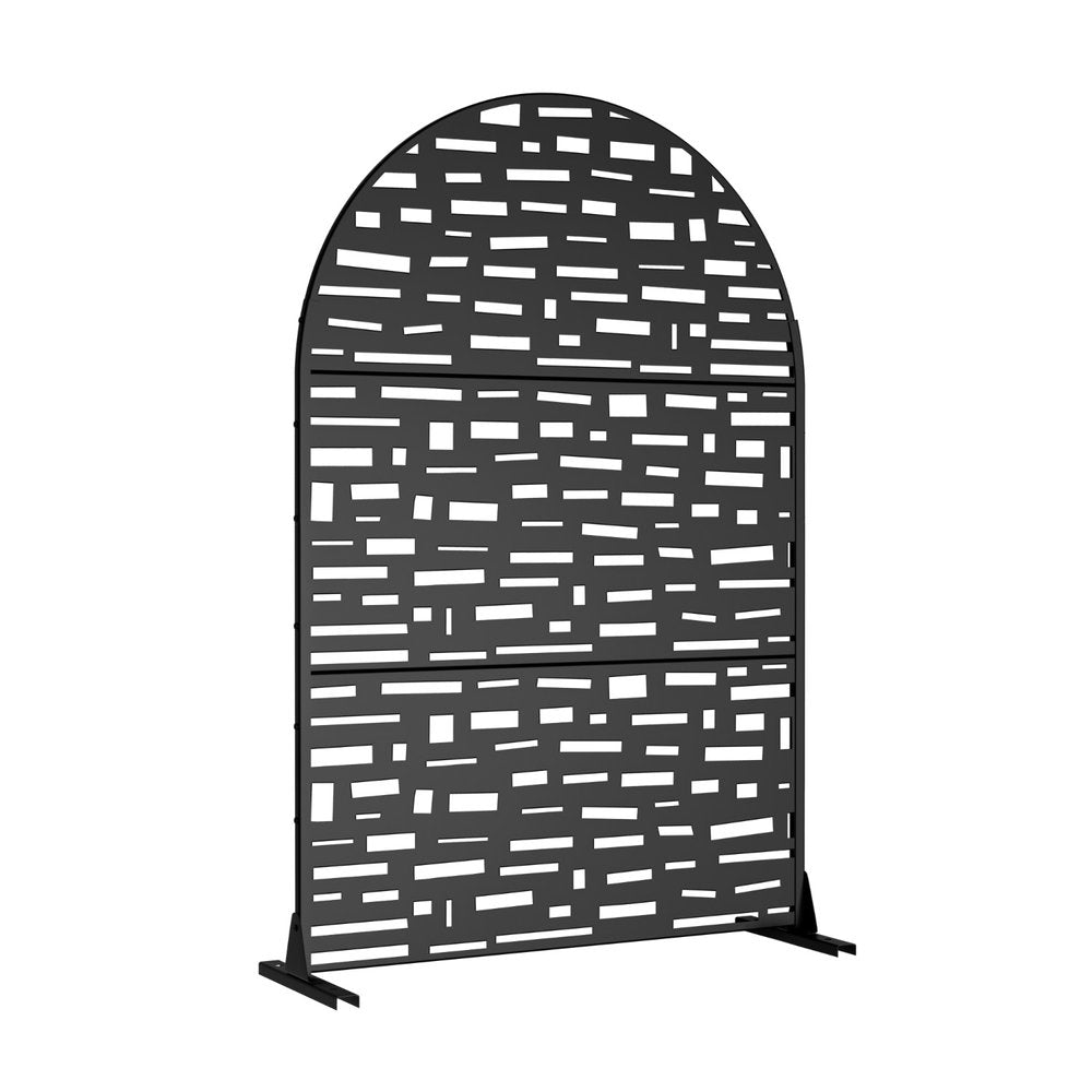 Black steel three-panel outdoor privacy screen with an arched top and a geometric cutout pattern on a white background.
