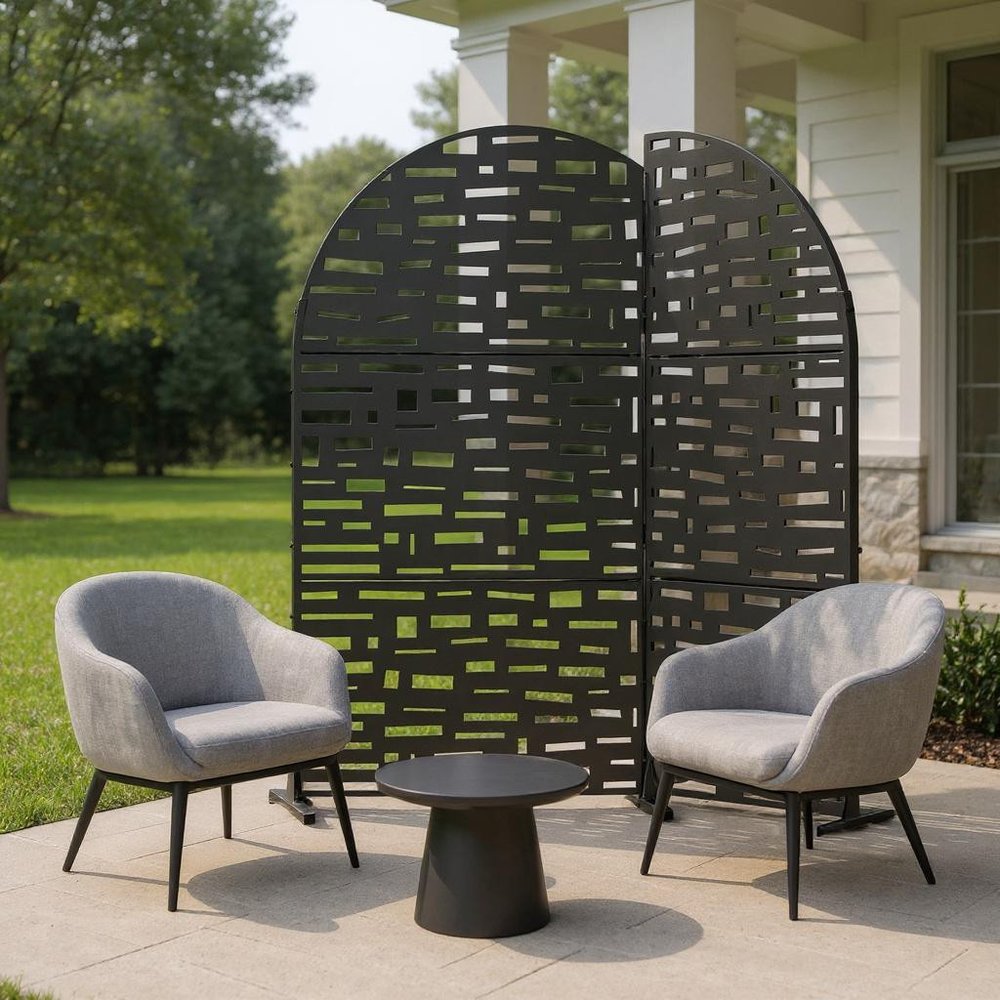 72" Black Steel Three Panel Outdoor Privacy Screen - SKU 720159
