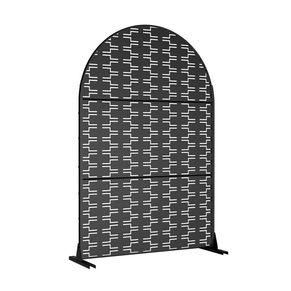 Black steel three-panel outdoor privacy screen with an arched top and geometric cutouts on a white background.