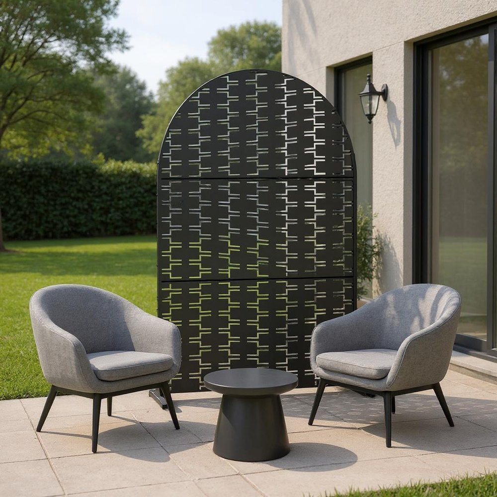 72" Black Steel Three Panel Outdoor Privacy Screen in a home interior