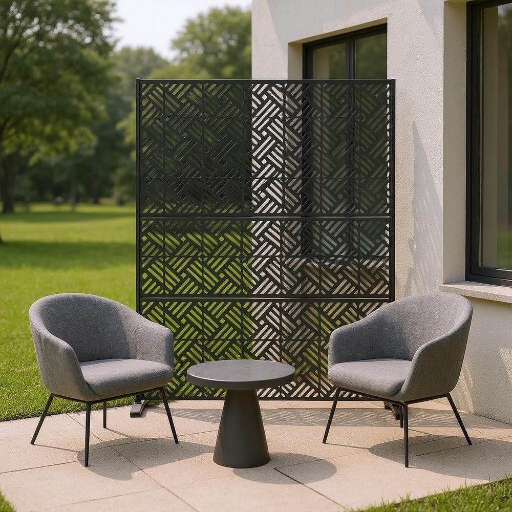 72" Black Steel Three Panel Outdoor Privacy Screen