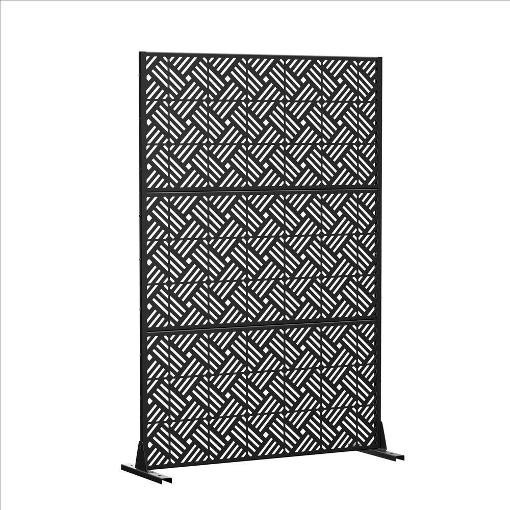 Black steel three-panel outdoor privacy screen with a geometric pattern on a white background.