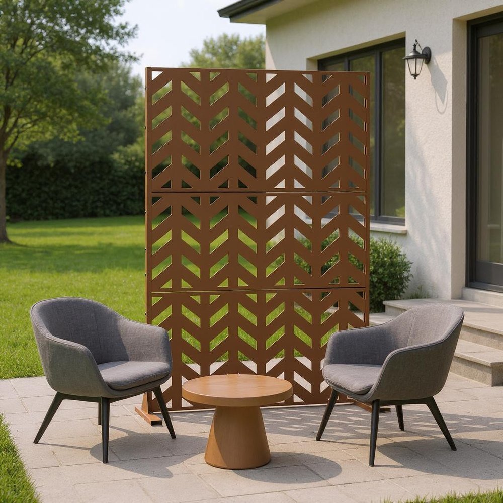 72" Brown Steel Three Panel Outdoor Privacy Screen