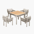 Five Piece Light Brown and Beige Square Solid Wood Dining Set with Four Chairs on a white background