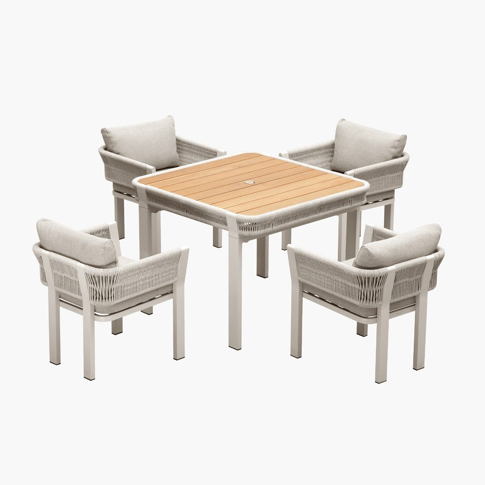 Five Piece Light Brown and Beige Square Solid Wood Dining Set with Four Chairs on a white background