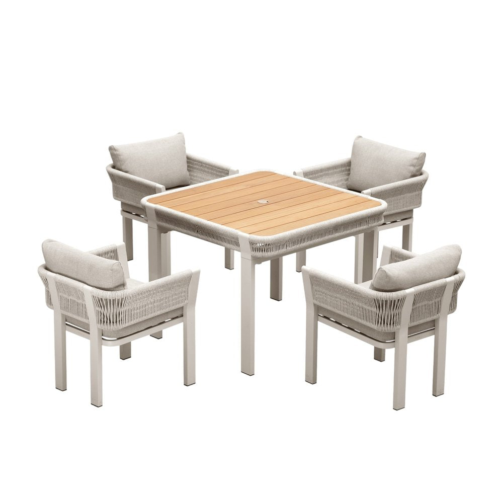 Five Piece Light Brown and Beige Square Solid Wood Dining Set with Four Chairs on a white background