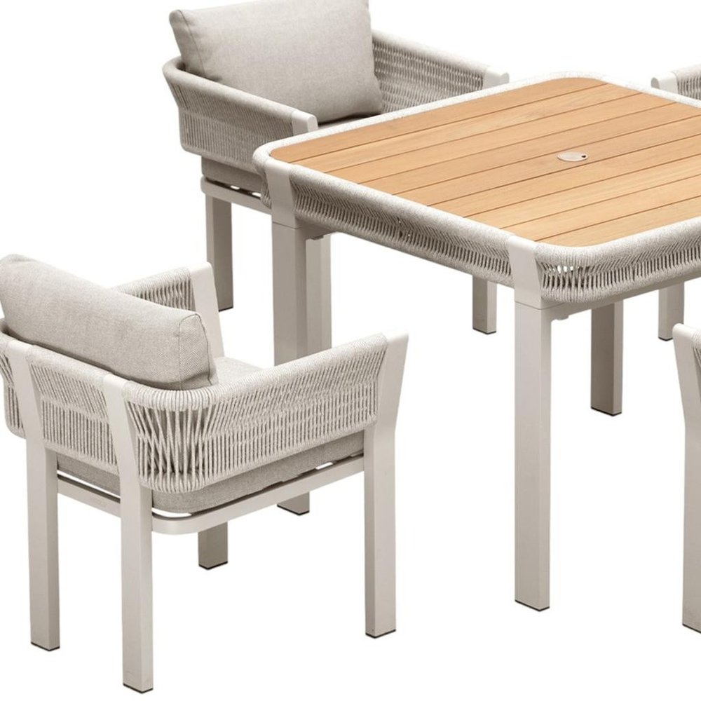Five Piece Light Brown and Beige Square Solid Wood Dining Set with Four Chairs on a white background