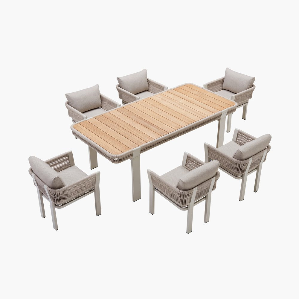 Seven Piece Light Brown and Beige Solid Wood Dining Set with Six Chairs - 25.00" H x 24.00" W x 24.00" D on a white background