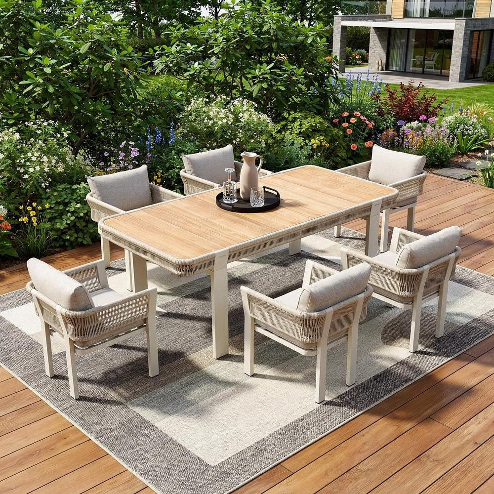 Seven Piece Light Brown and Beige Solid Wood Dining Set with Six Chairs - 25.00" H x 24.00" W x 24.00" D