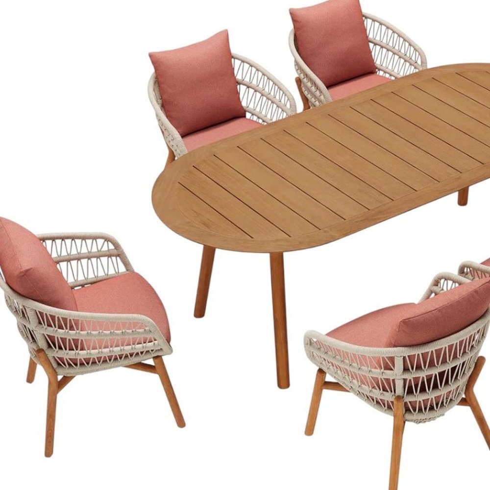 Seven Piece Brown Oval Solid Wood Dining Set with Six Chairs on a white background