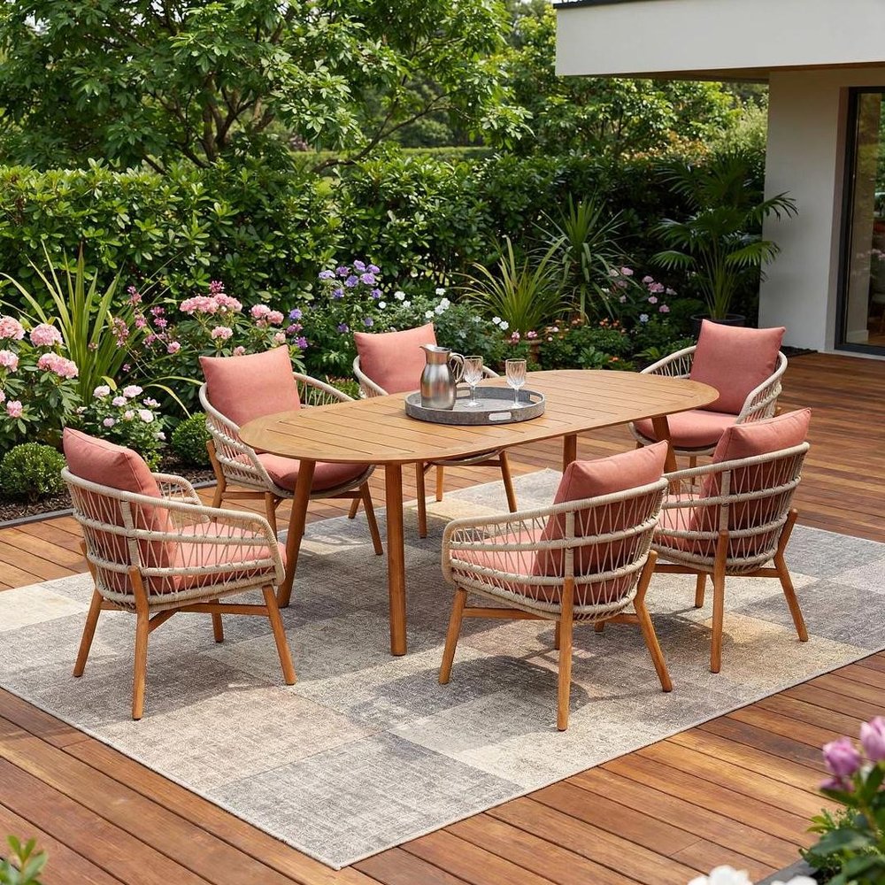 Seven Piece Brown Oval Solid Wood Dining Set with Six Chairs in a home interior