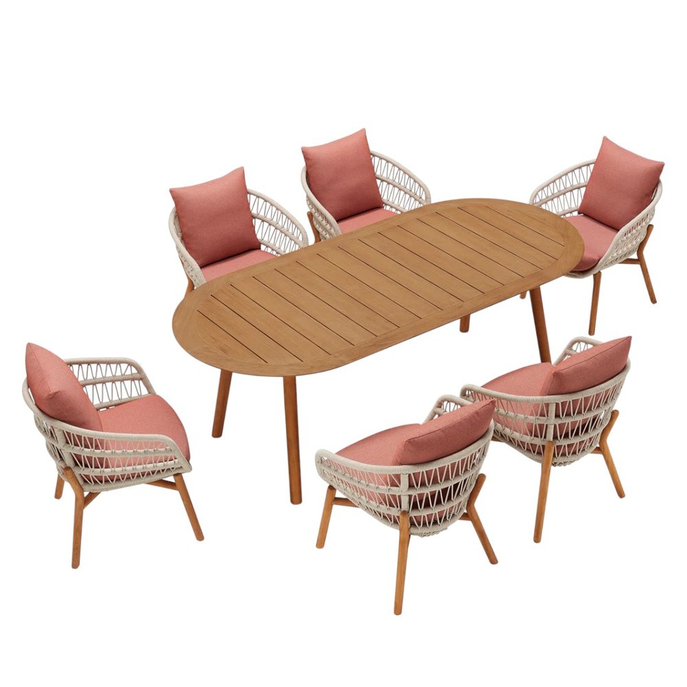 Seven Piece Brown Oval Solid Wood Dining Set with Six Chairs on a white background