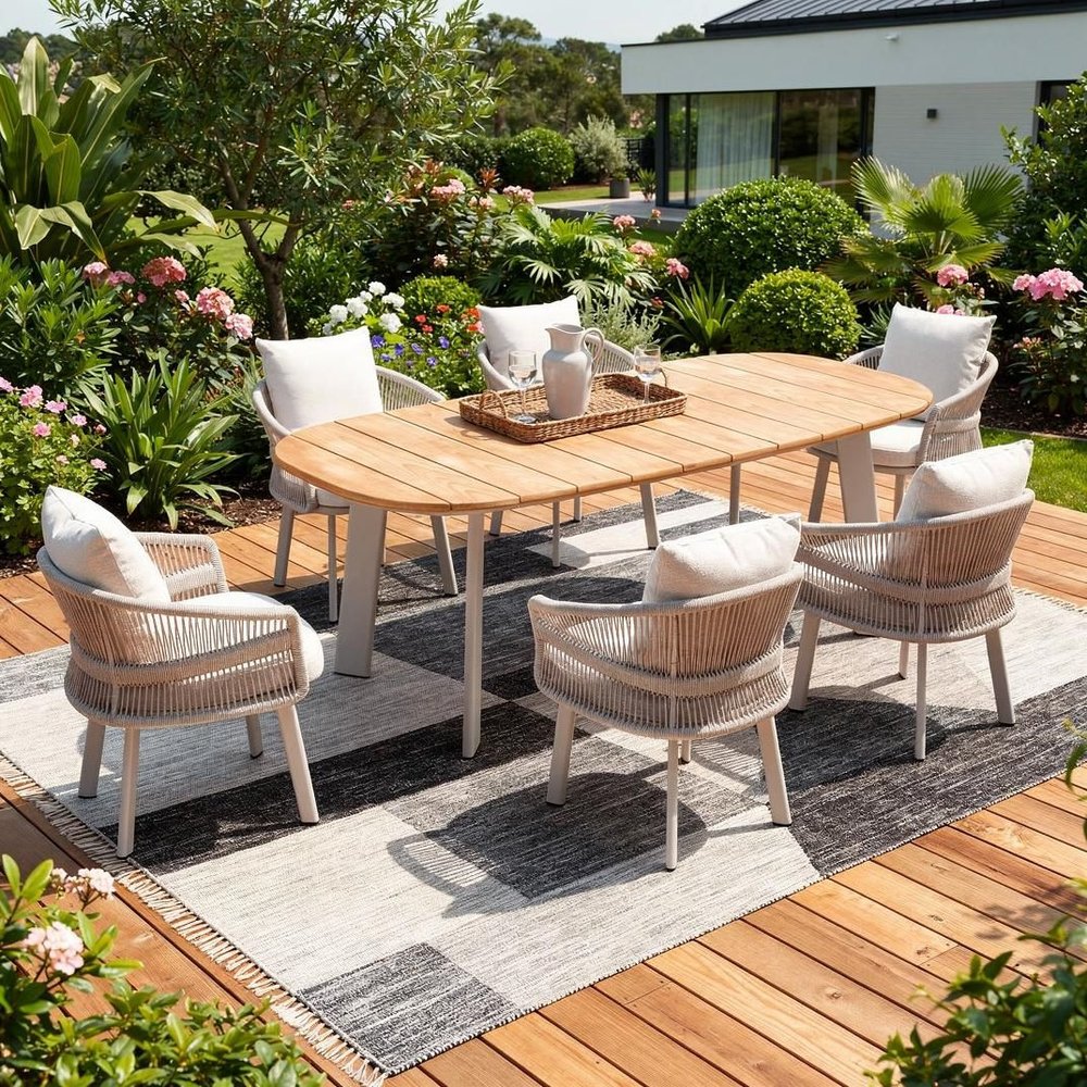Seven Piece Light Brown and Beige Solid Wood Dining Set with Six Chairs - 28.70" H x 25.80" W x 24.40" D