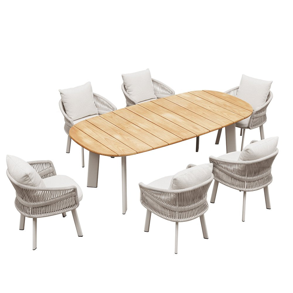 Seven Piece Light Brown and Beige Solid Wood Dining Set with Six Chairs - 28.70" H x 25.80" W x 24.40" D on a white background