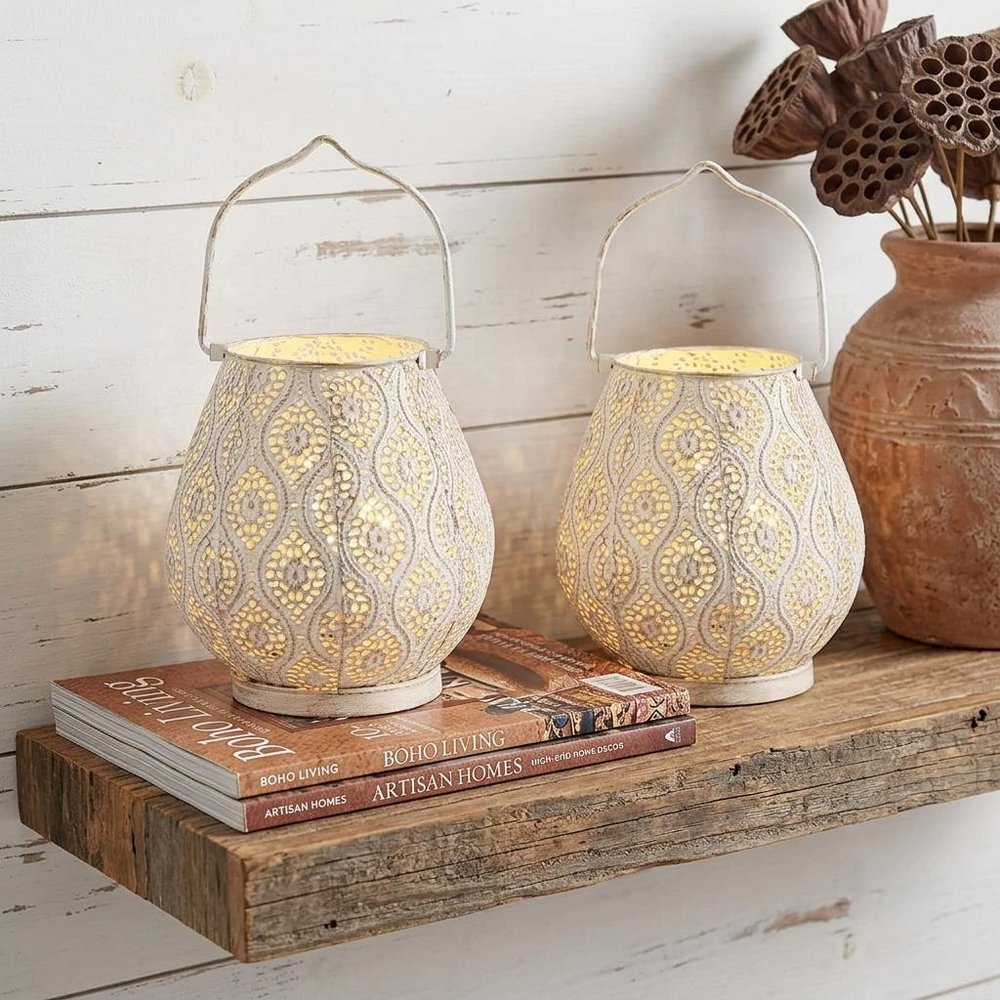 Set of Two 10" Beige Pierced Geometric Cordless Lantern Lamps