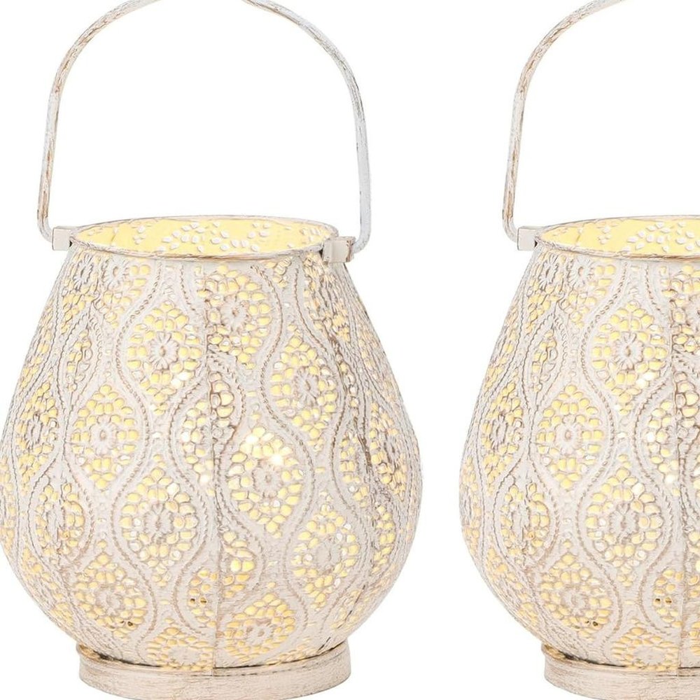 Set of Two 10" Beige Pierced Geometric Cordless Lantern Lamps