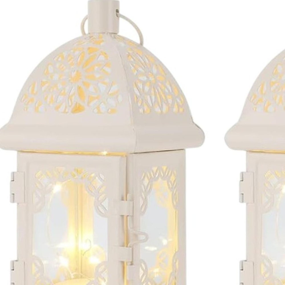 Set of Two 8" White Metal And Glass Pierced Scrollwork Lantern Lamps