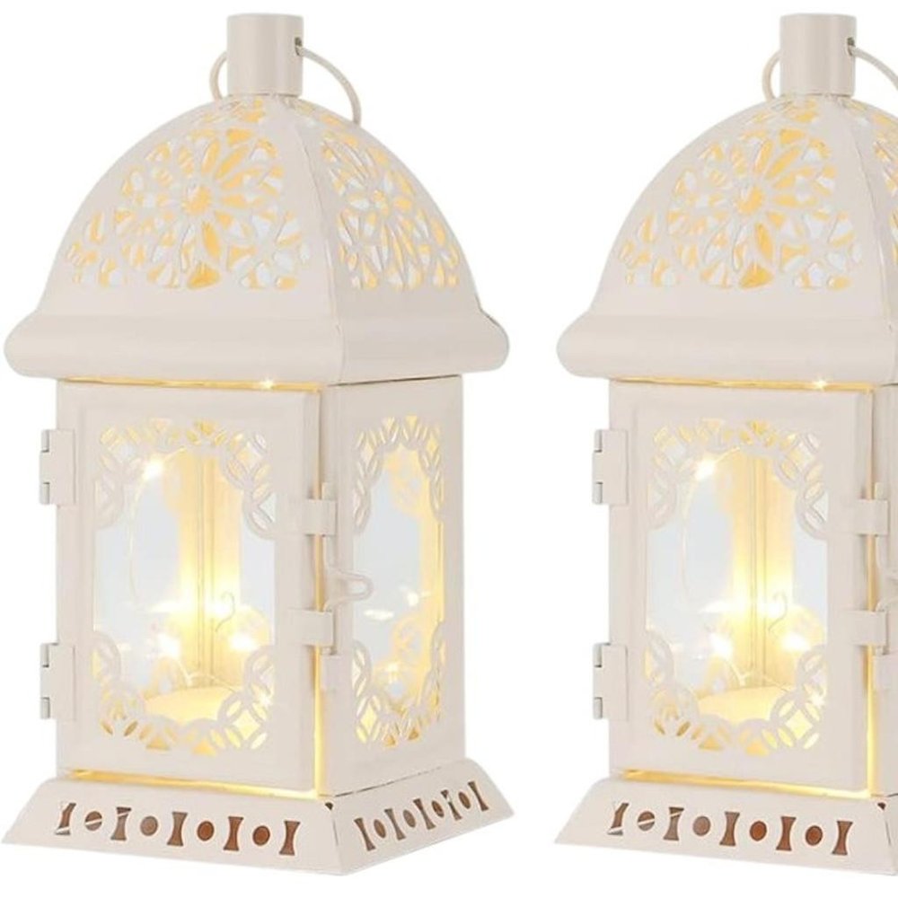 Set of Two 8" White Metal And Glass Pierced Scrollwork Lantern Lamps