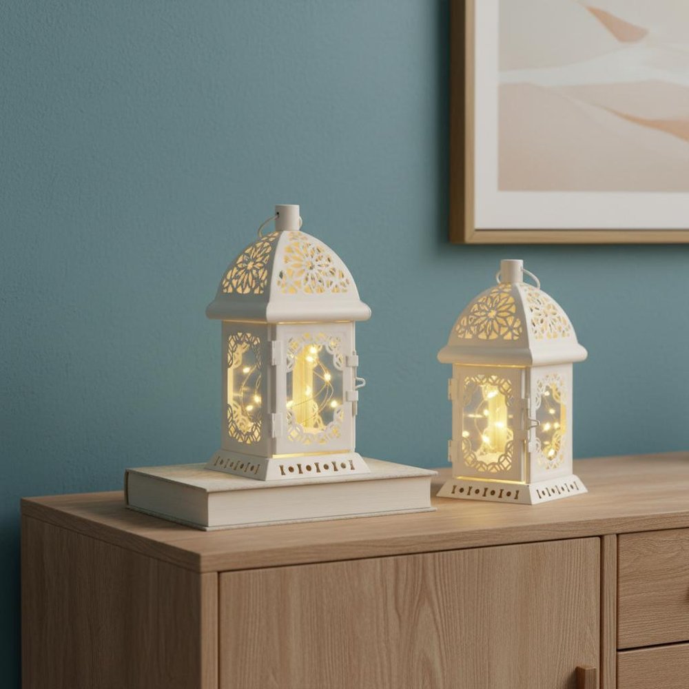 Set of Two 8" White Metal And Glass Pierced Scrollwork Lantern Lamps