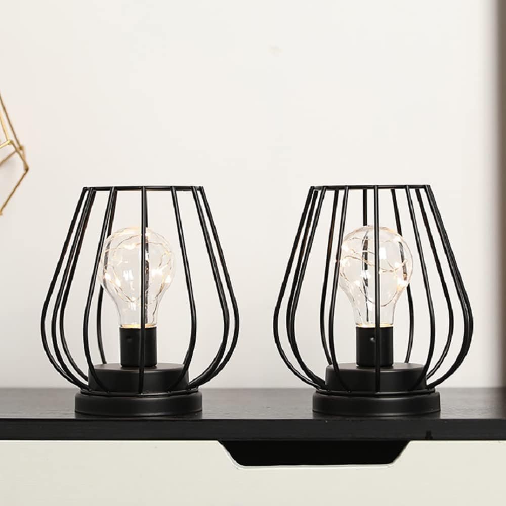 Set of Two 7" Black Geometric Cage Cordless Desk Lamps