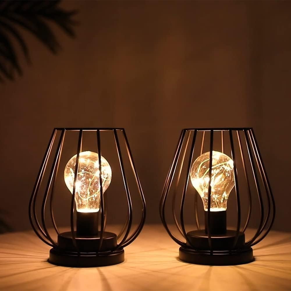 Set of Two 7" Black Geometric Cage Cordless Desk Lamps