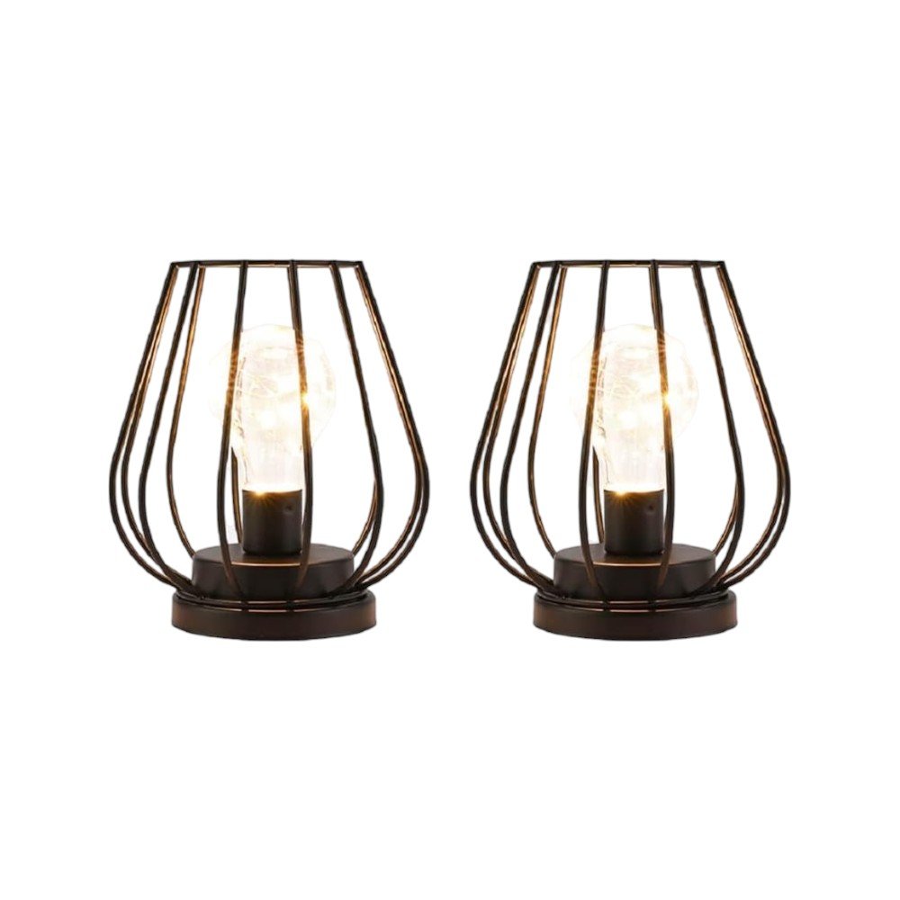 Set of Two 7" Black Geometric Cage Cordless Desk Lamps