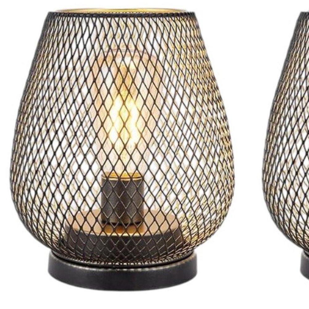 Set of Two 7" Antiqued Bronze Pierced Geometric Cordless Lantern Lamps