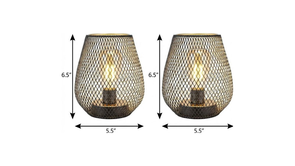 Set of Two 7" Antiqued Bronze Pierced Geometric Cordless Lantern Lamps on a white background