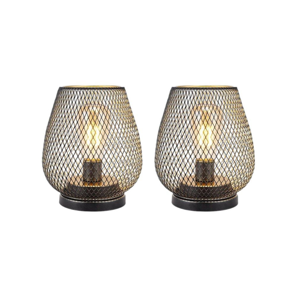 Set of Two 7" Antiqued Bronze Pierced Geometric Cordless Lantern Lamps