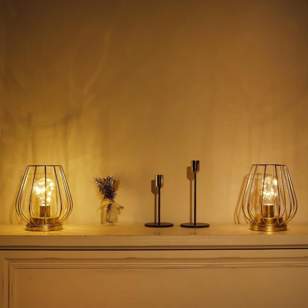 Set of Two 7" Gold Geometric Geometric Cage Cordless Desk Lamps