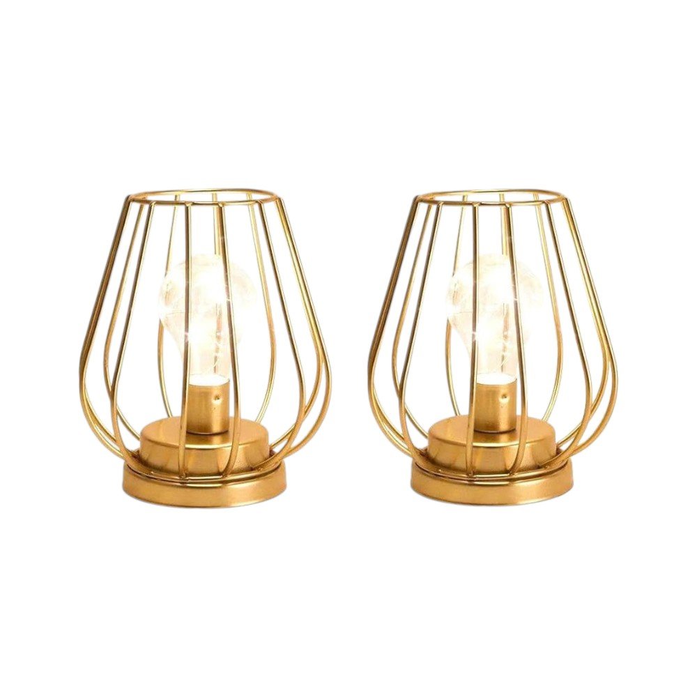 Set of Two 7" Gold Geometric Geometric Cage Cordless Desk Lamps