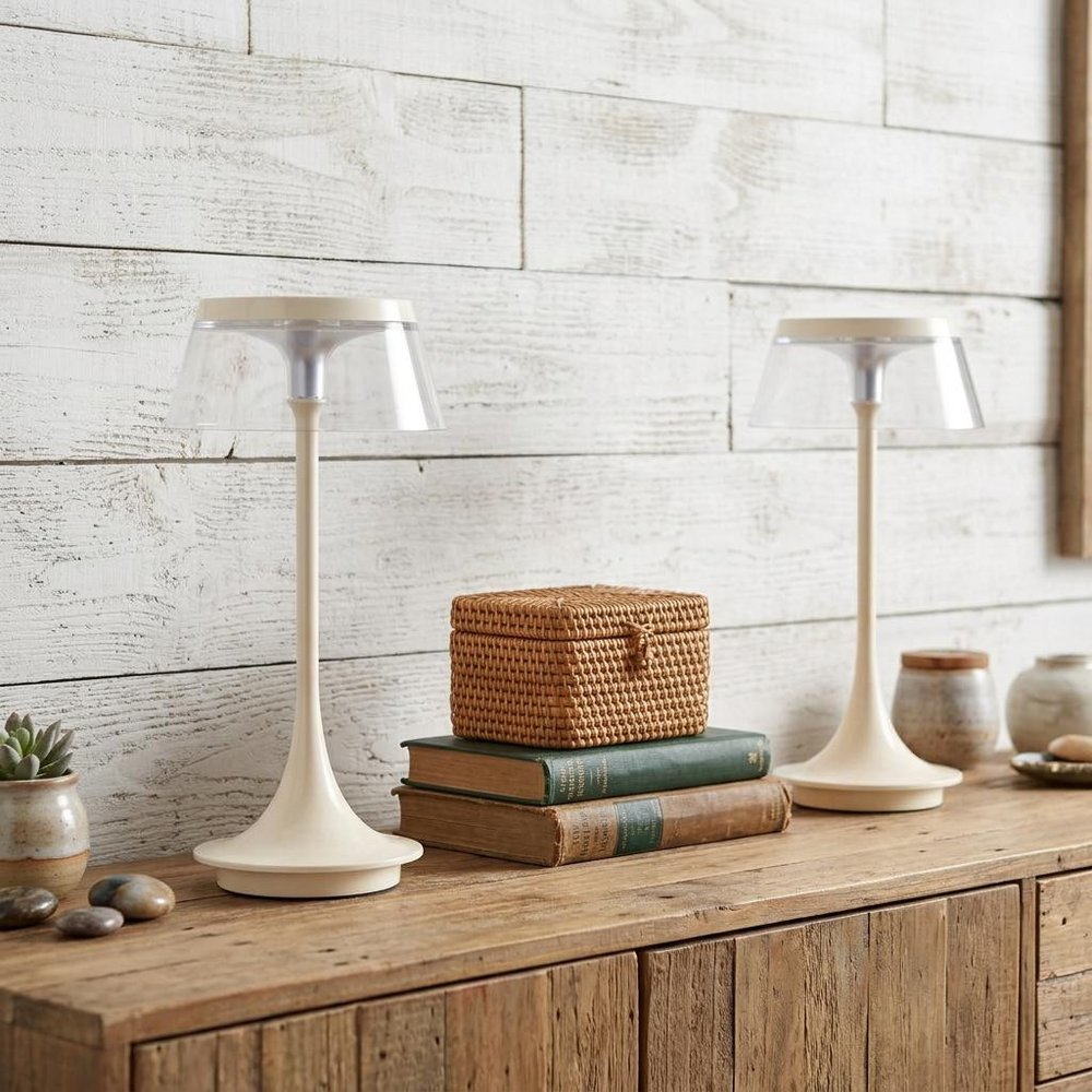 Set of Two 11" White Geometric USB Bedside Lamps With Novelty Shades