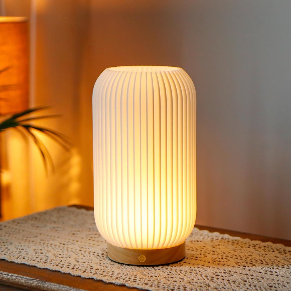 9" Beige Ribbed USB Lantern With Novelty Shade
