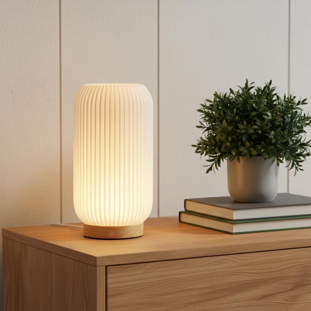 9" Beige Ribbed USB Lantern With Novelty Shade