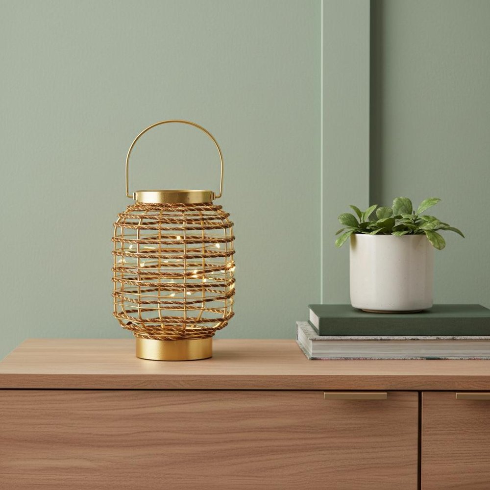 8" Distressed Gold Geometric Lantern Desk Lamp With Novelty Shade
