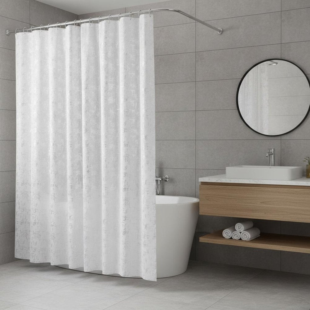 72" White And Silver Abstract Shower Curtain close-up detail