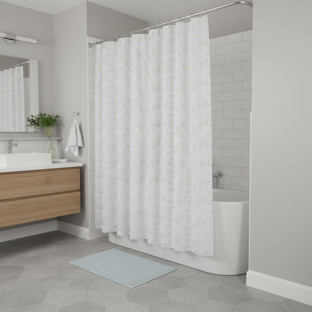 72" White And Gold Floral Shower Curtain