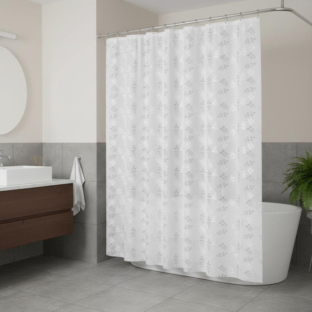 72" White And Silver Floral Shower Curtain