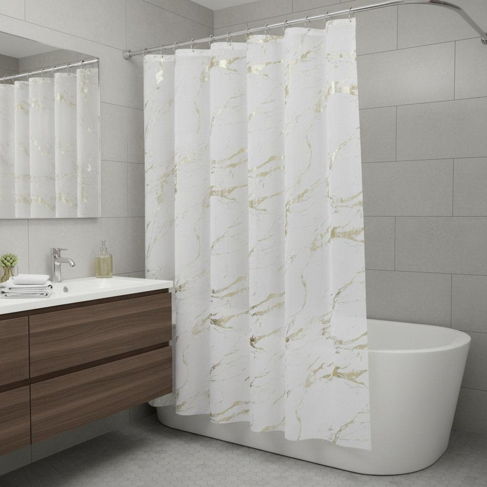 72" White And Gold Abstract Shower Curtain in a home interior