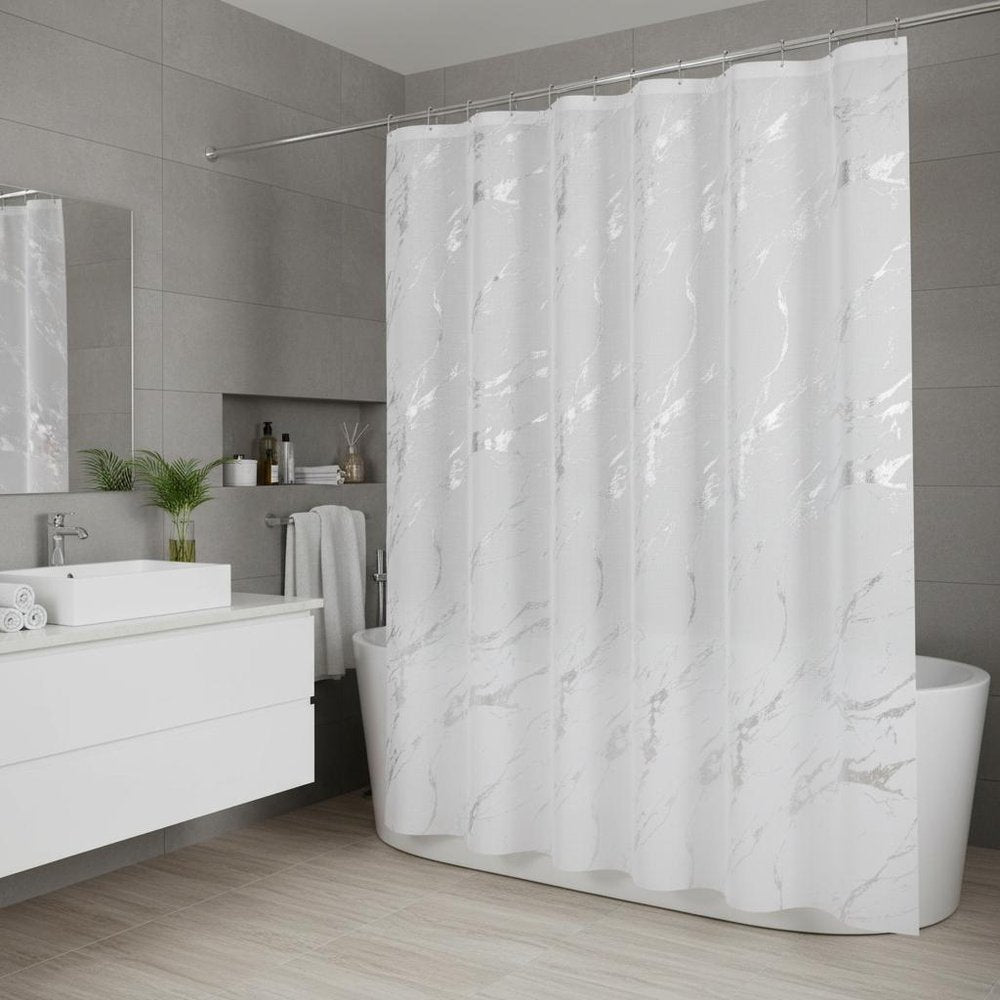 72" White And Silver Abstract Shower Curtain close-up detail