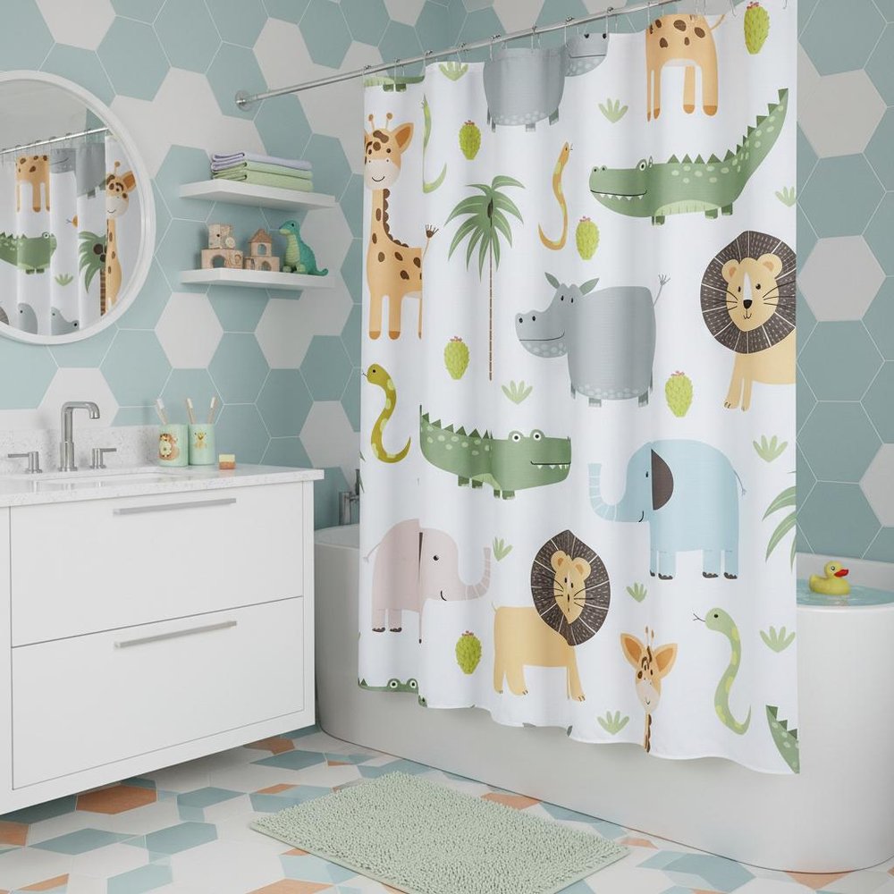 72" Blue Green And White Animal Print Shower Curtain on a white background