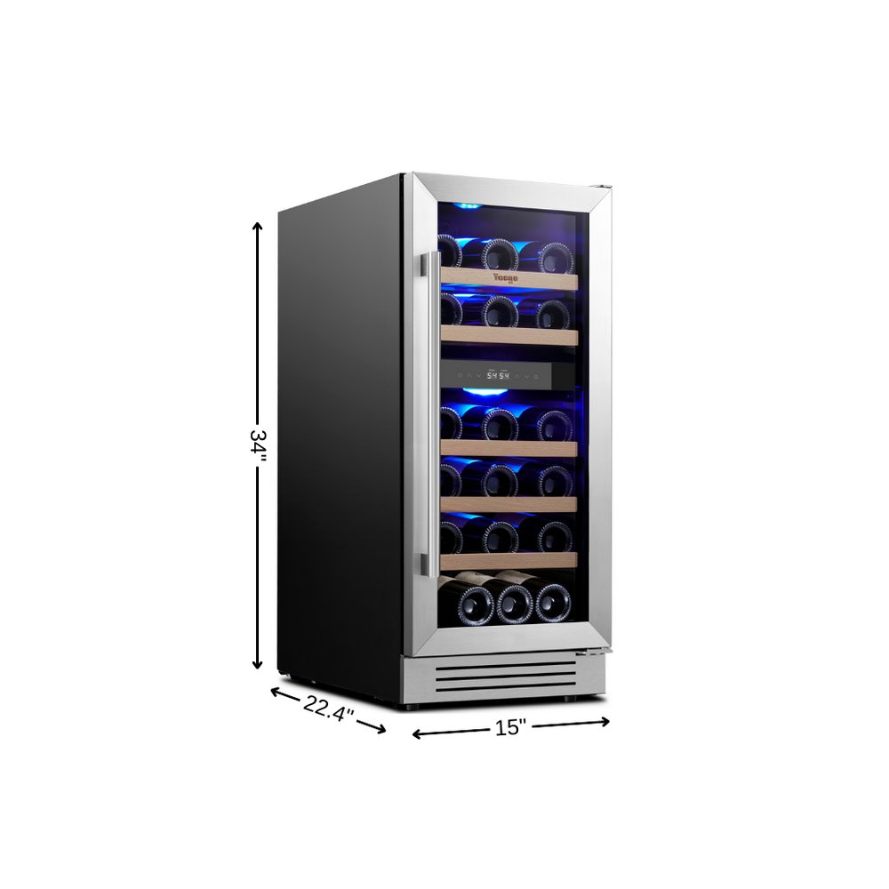 34" X 15" Silver Stainless Steel Dual Compartment Wine Refrigerator. Wine cooler isolated on a plain white background, finished in silver metal.